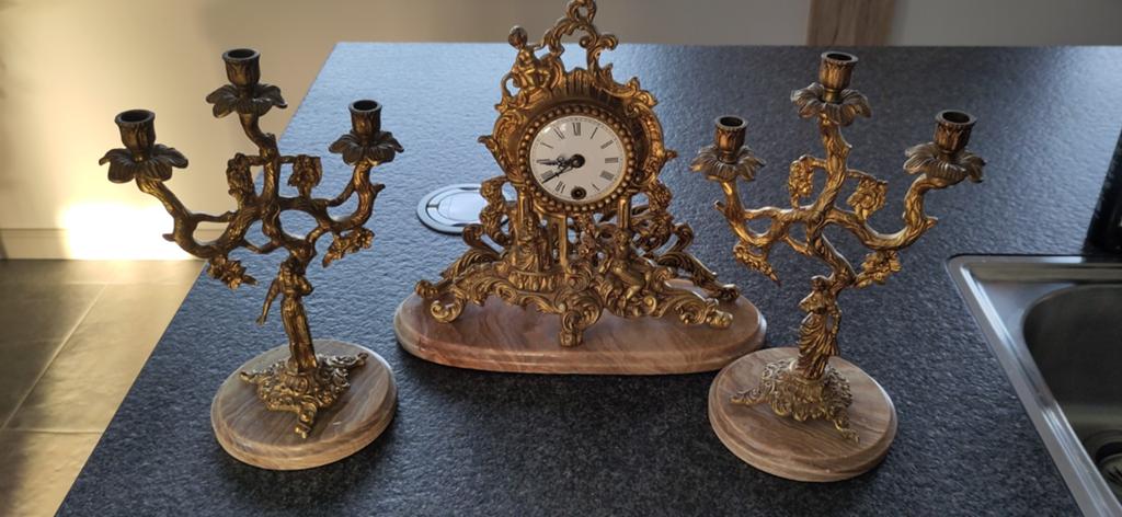 Antiek/vintage klokstel met 2 kandelaars – compleet met onde, Ophalen of Verzenden
