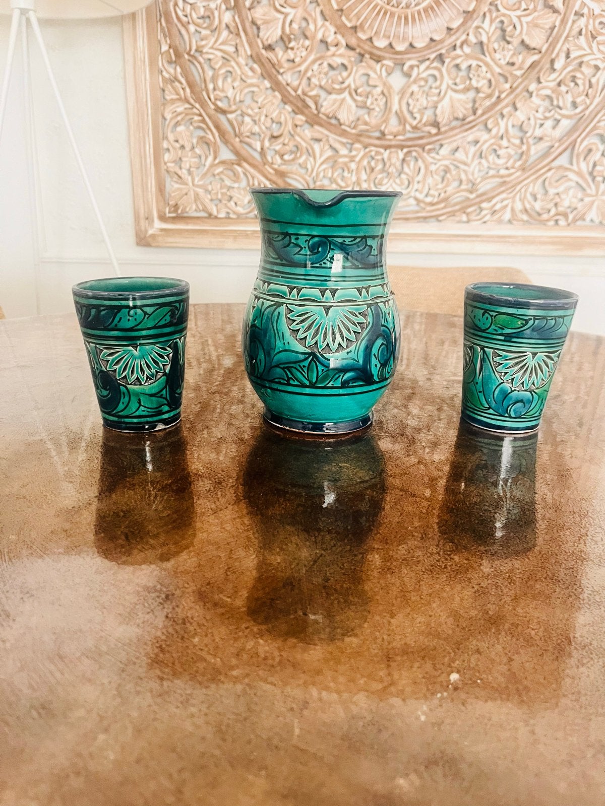 Marokkaanse aardewerken kan en twee bekers, turquoise, Antiek en Kunst, Ophalen