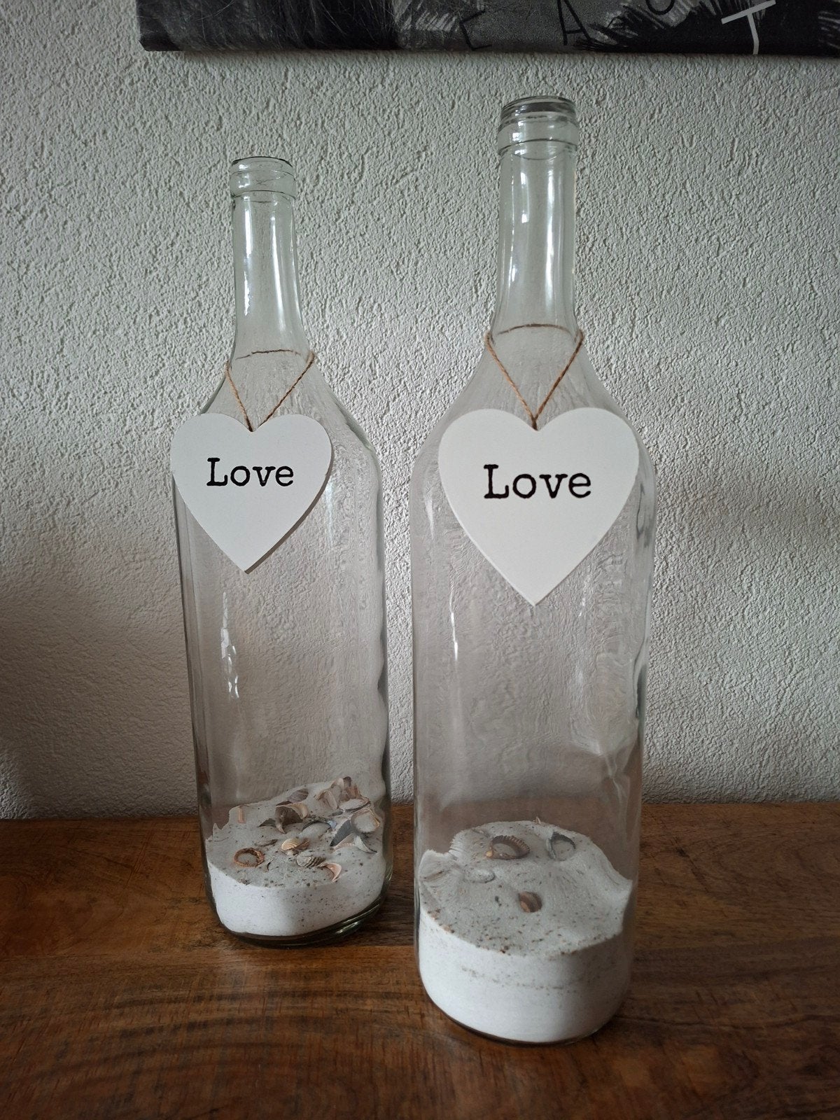 Decoratieve flessen met schelpenzand en hartjes hanger, Ophalen, Zo goed als nieuw, Glas