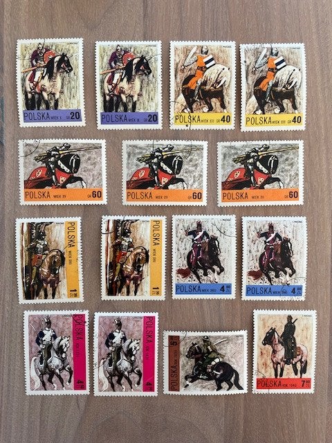 15x Schilderijen van Poolse Ruiters 1972, Ophalen of Verzenden, Polen, Gestempeld