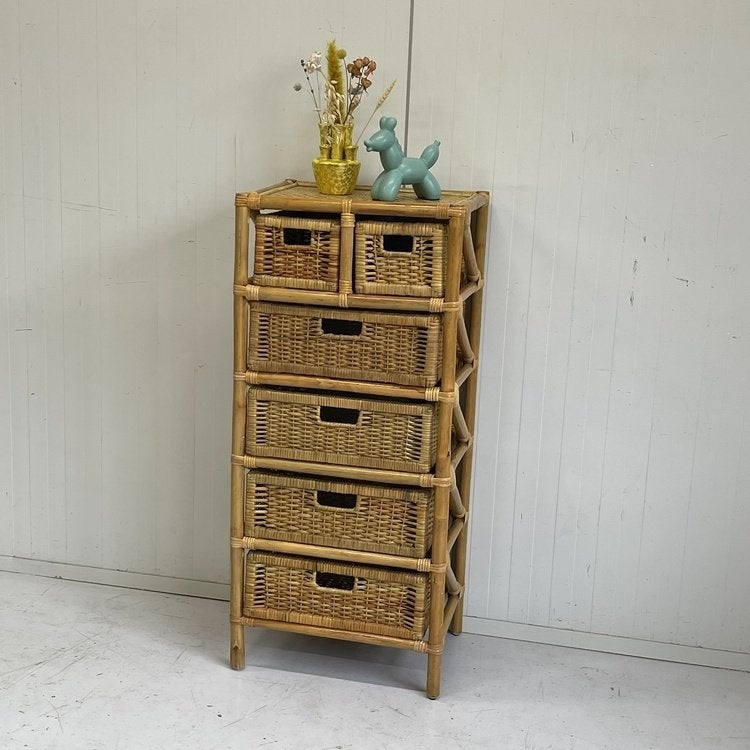 Hoog model vintage rotan kastje ladekast Bohemian style riet, Huis en Inrichting, Overige materialen, Minder dan 50 cm, Gebruikt