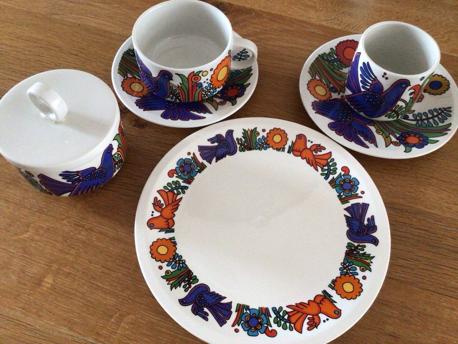 Vintage Acapulco servies: kopjes, suikerpotje en bordje, Ophalen of Verzenden