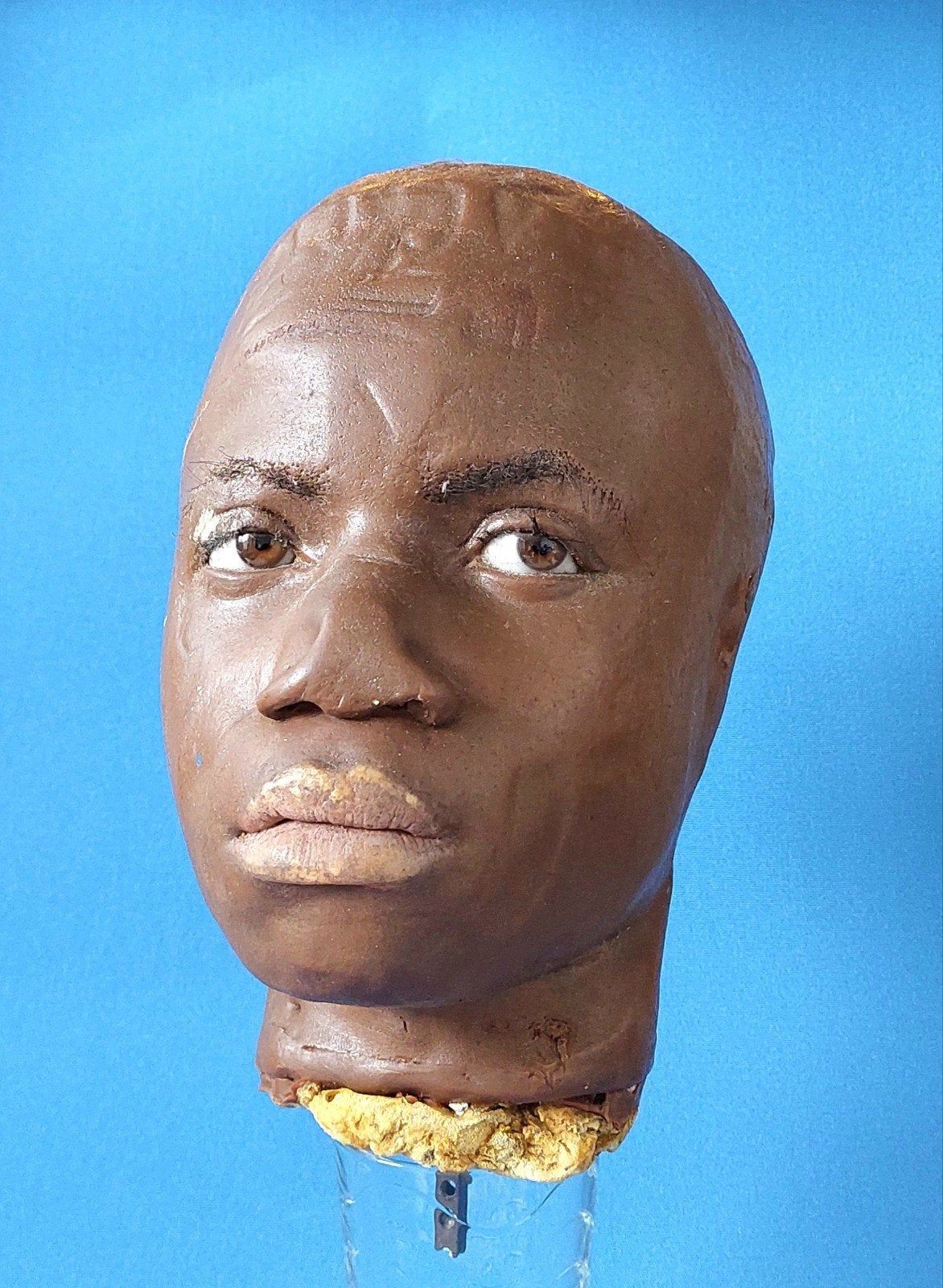 Antiek Wassen Hoofd Beeld Mannequin Donker Persoon Paspop, Antiek en Kunst, Curiosa en Brocante, Ophalen of Verzenden