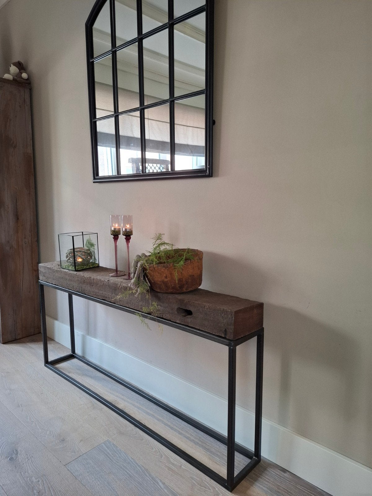 Sidetable industrieel robuust stoer met een zware balk, Huis en Inrichting, Tafels | Sidetables, Ophalen, 100 tot 150 cm, Zo goed als nieuw