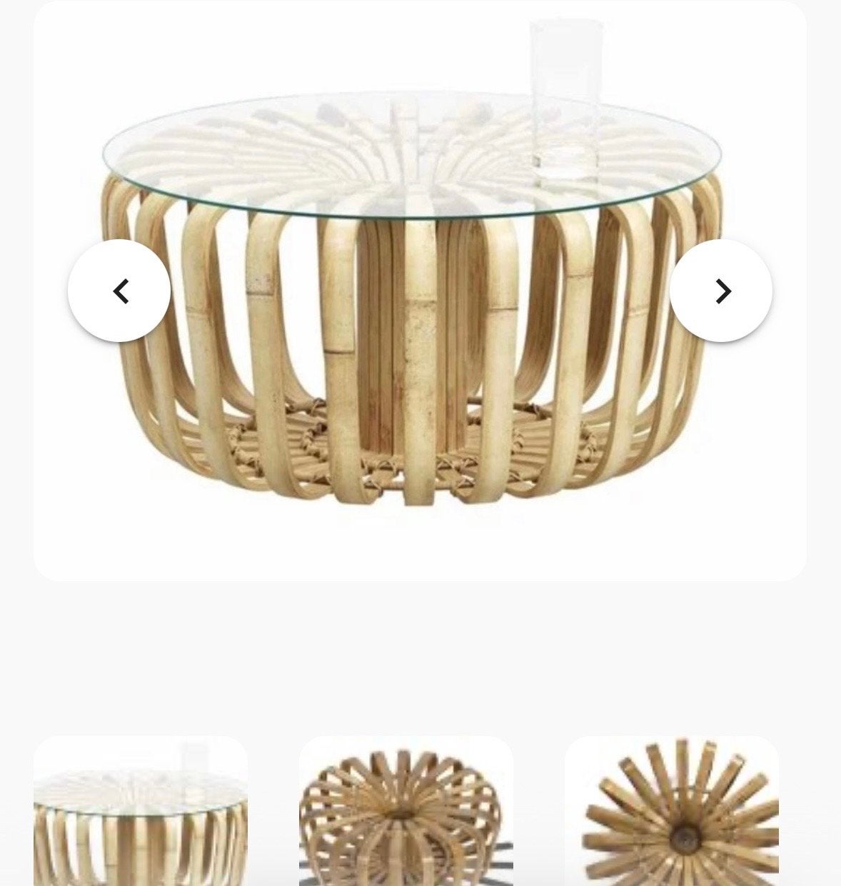Stijlvolle nieuw poef/bijzettafel van bamboe met glazen blad, Ophalen, Minder dan 50 cm, Gebruikt, Rond