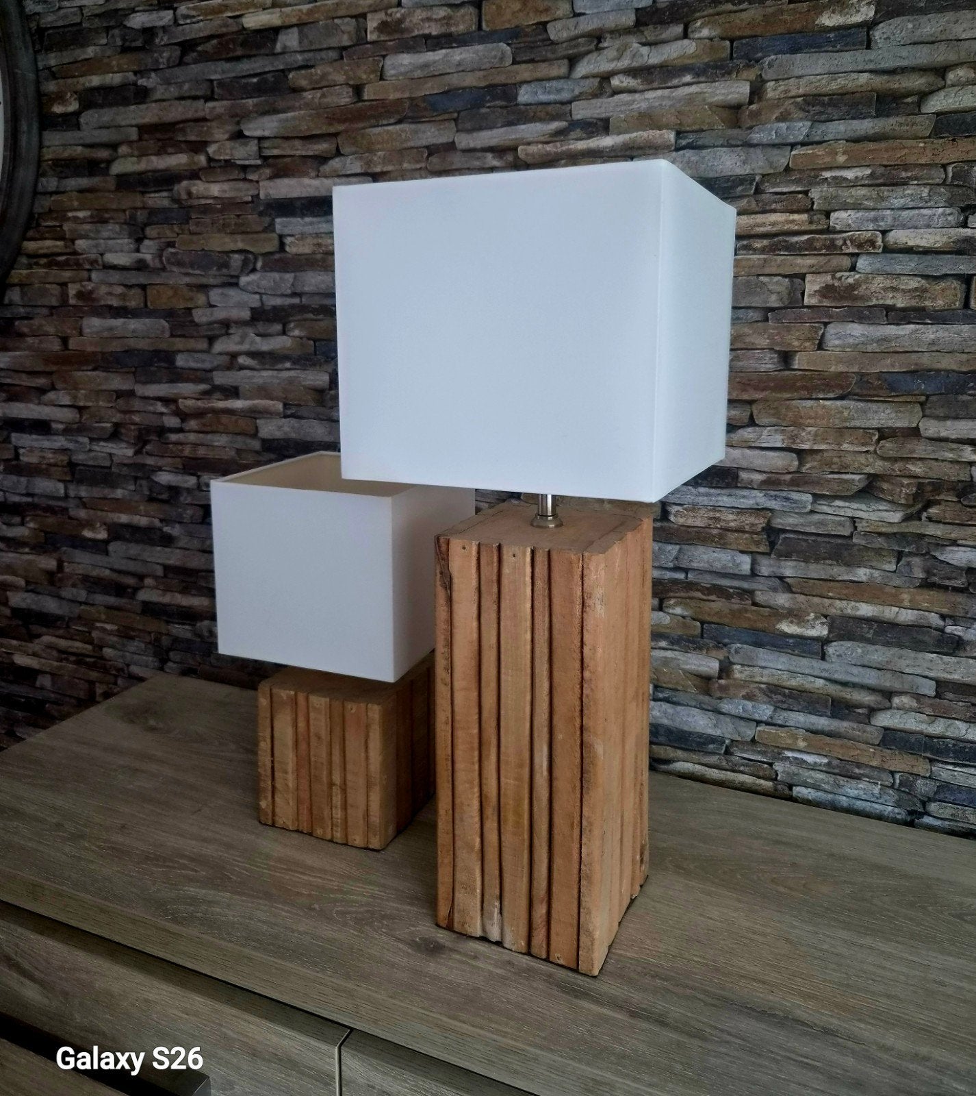 Set van 2 houten tafellampen met witte kappen, Ophalen, Gebruikt, Wit, Sfeerlamp