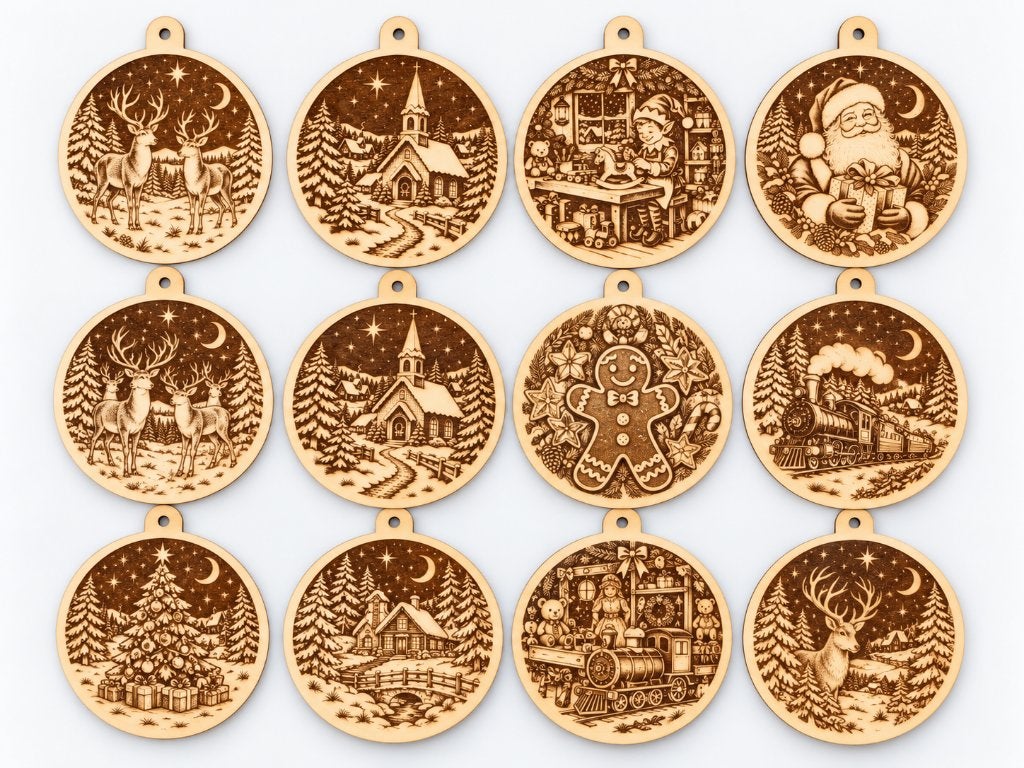 Houten kerstornamenten 10 cm | Gegraveerde wintertaferelen, Verzenden, Nieuw
