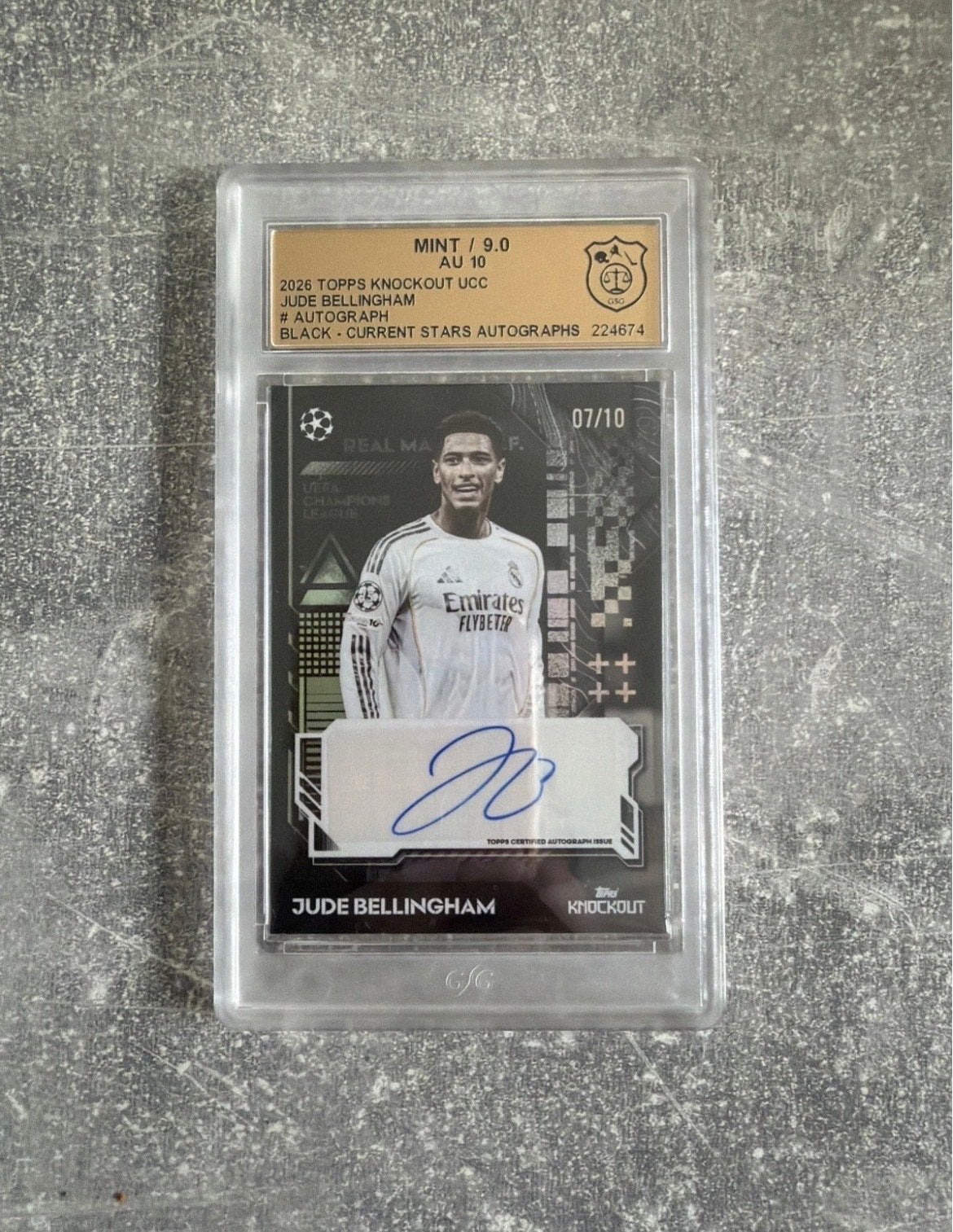 Jude Bellingham Topps Knockout Black Auto /10 GSG 9 POP 1, Ophalen of Verzenden, Zo goed als nieuw, Buitenlandse clubs, Spelerskaart