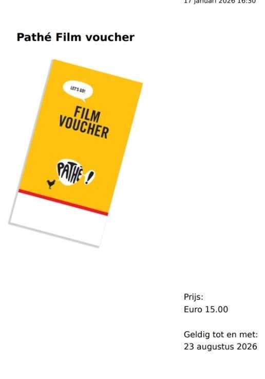 PATHE bioscoop kaartje 2e gratis AH actie, Twee personen, Niet van toepassing, Vrijkaartje alle films