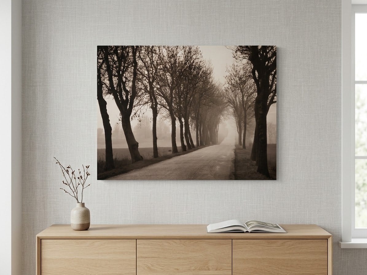 Ikea PJÄTTERYD 'Misty Road' Canvas 78x118 cm, Ophalen, 100 tot 125 cm, 75 – 100, Print