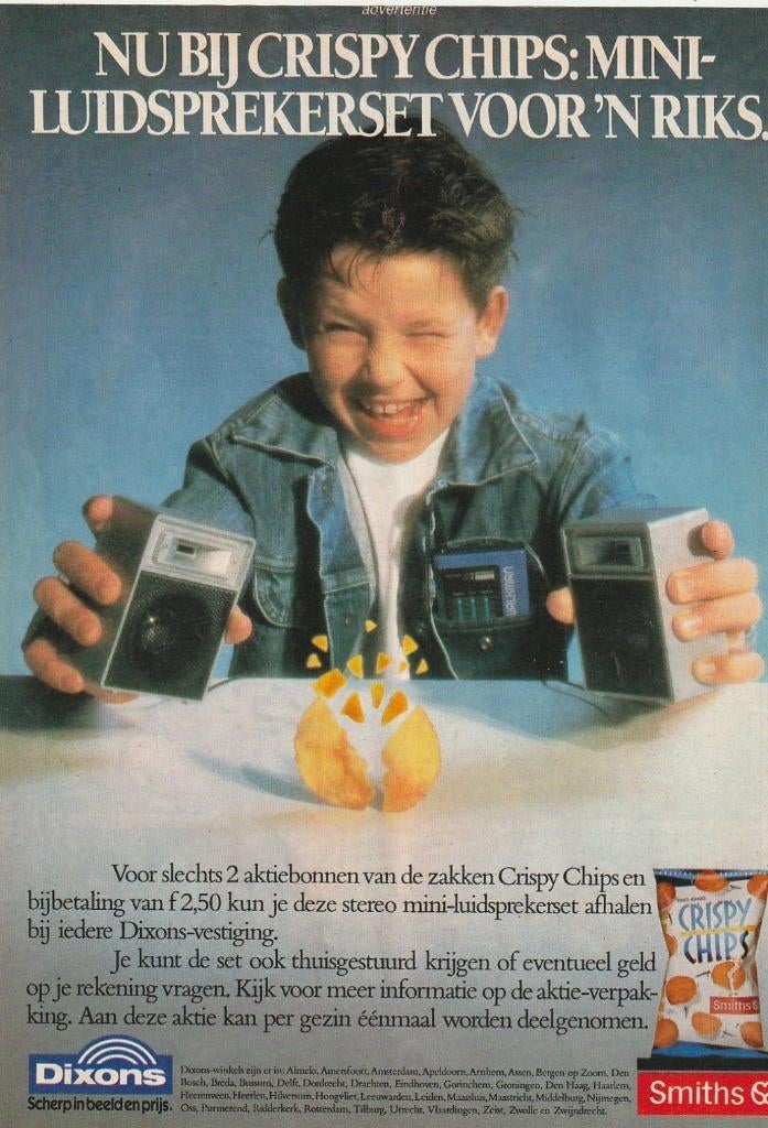 Retro reclame 1987 Smiths chips jongetje luidsprekertjes, Verzamelen, Retro, Verzenden, Overige typen