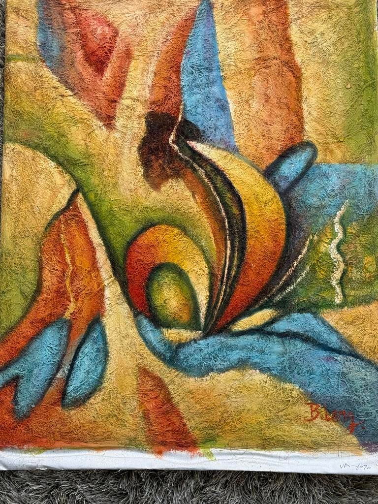 Abstracte art B. Long,50x61, kokosvezel, blauw, oranje groen, Antiek en Kunst, Kunst | Schilderijen | Abstract, Ophalen of Verzenden