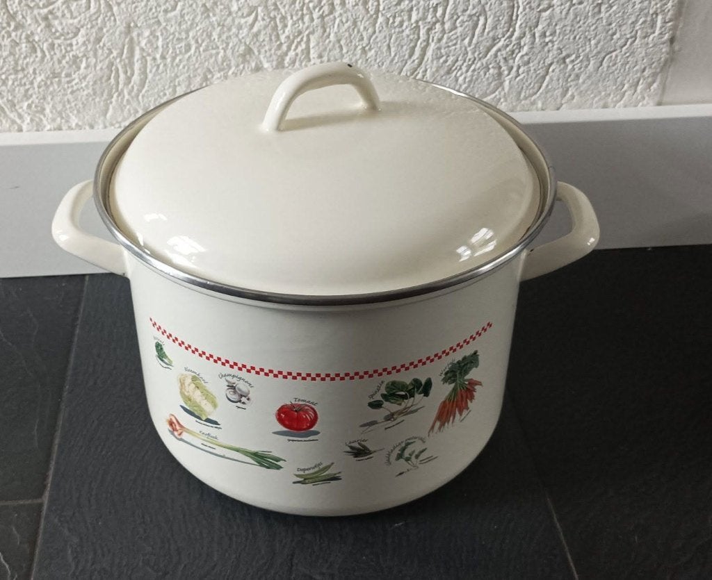 Handy emaille grote soeppan met groenteprint 26 cm, Huis en Inrichting, Ophalen of Verzenden, Gebruikt, Overige materialen, Kookpan