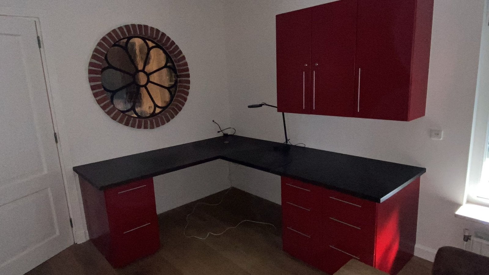 Groot Hoekbureau (240x200 cm) met Ladeblokken & Bovenkasten, Ophalen, Demontabel, Gebruikt, Spaanplaat of MDF