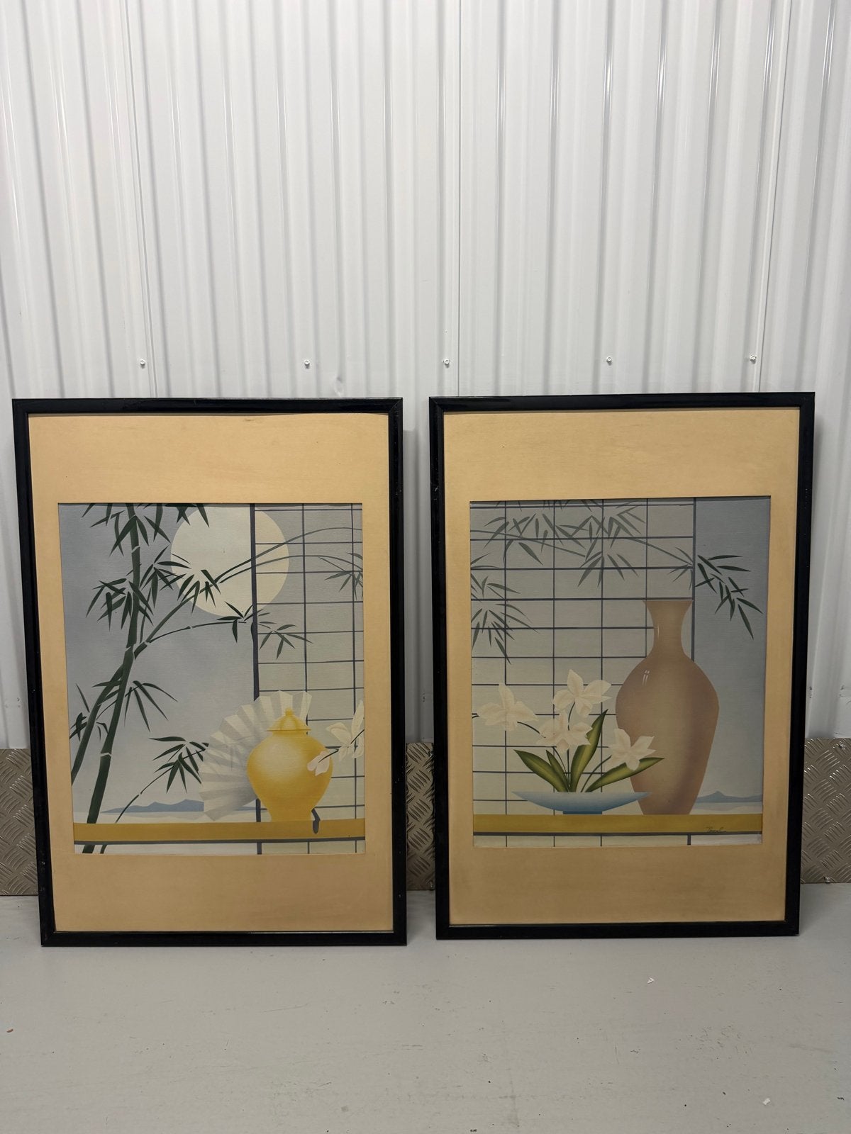 Set van 2 Japanse stijl schilderijen met bamboe en bloemen, Overige stijlen, Print, Papier, Ingelijst