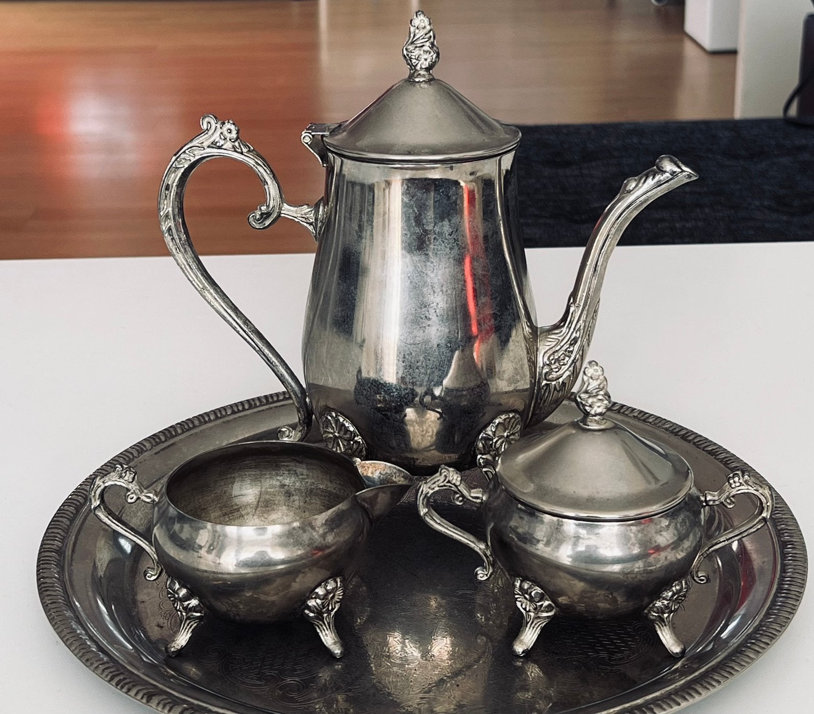 Vintage verzilverde koffie of thee set van vier items., Ophalen of Verzenden
