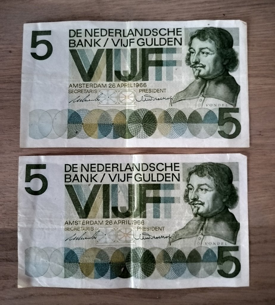 vijf gulden briefjes (2 stuks), Postzegels en Munten, Ophalen of Verzenden, 5 gulden, Los biljet