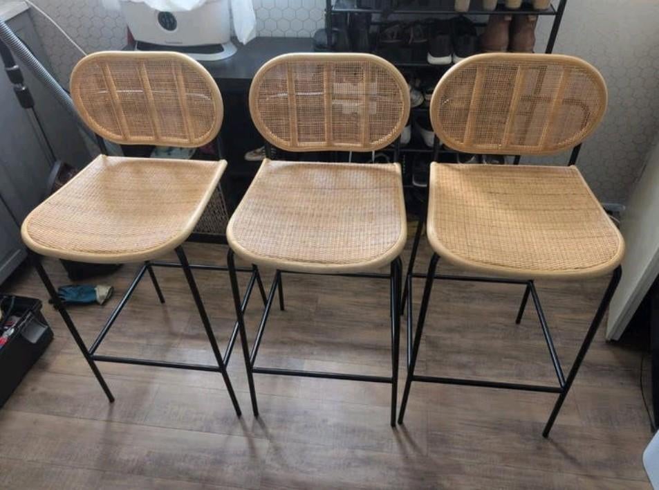 3 x barstoel / barkruk webbing rotan, Ophalen, Gebruikt, 60 tot 90 cm