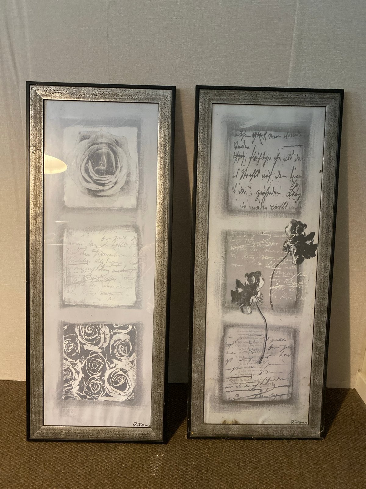 Set van 2 decoratieve schilderijen met bloemen en tekst, Antiek en Kunst, Bloemen, Ophalen of Verzenden, Print, Papier