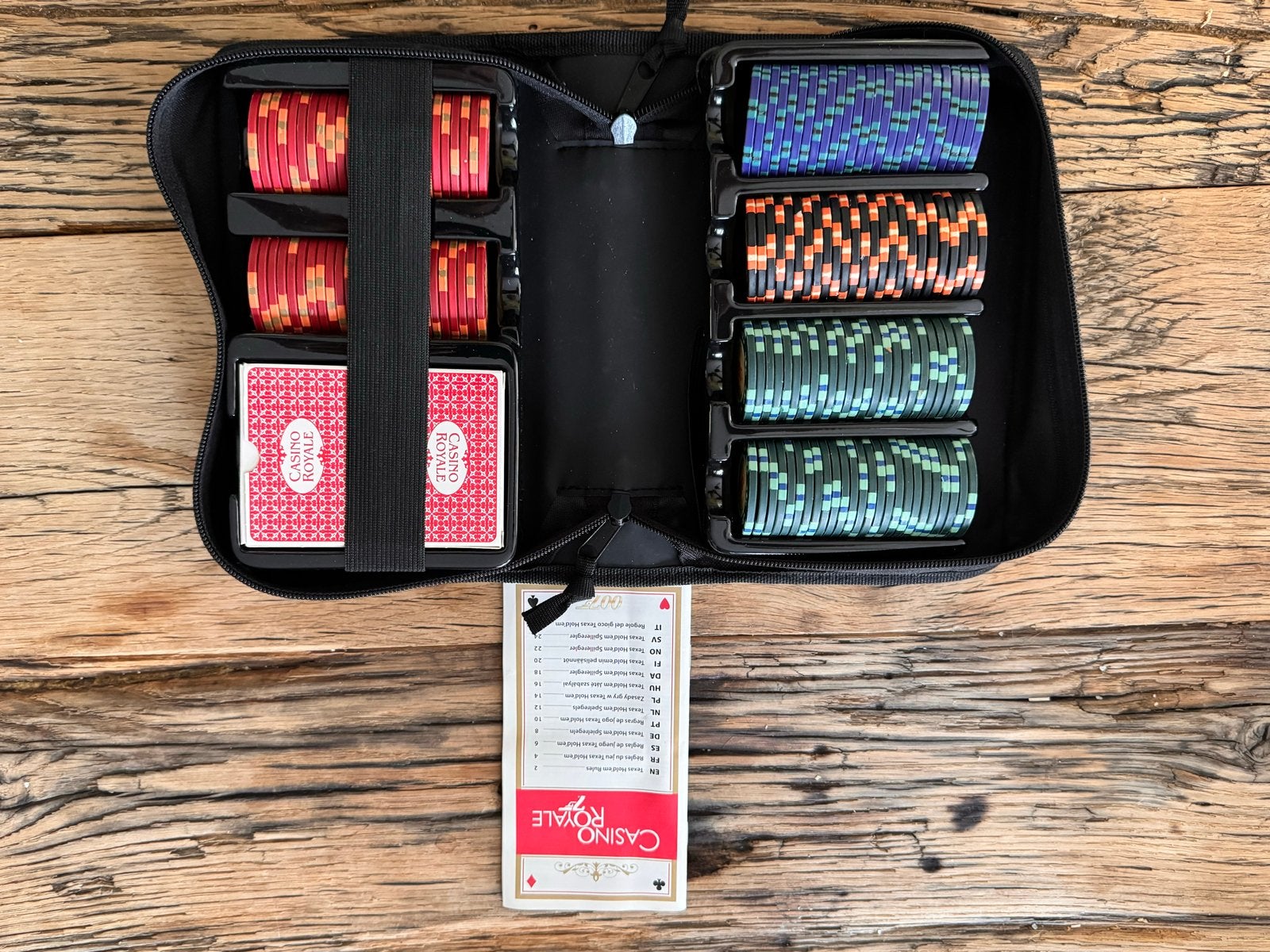 Compleet Casino Royale Pokerset met Chips en Kaarten, Drie of vier spelers, Ophalen of Verzenden, Zo goed als nieuw