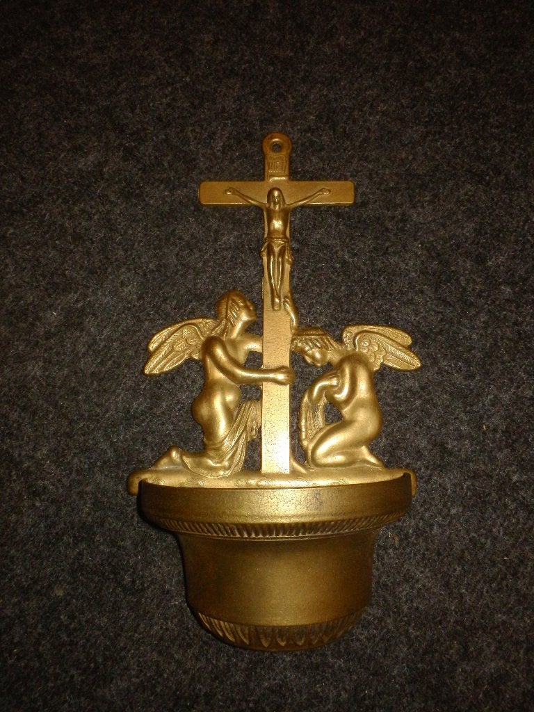 Antiek bronzen wijwaterbakje met engelen en kruis, Verzamelen, Ophalen of Verzenden, Gebruikt, Overige typen, Christendom | Katholiek
