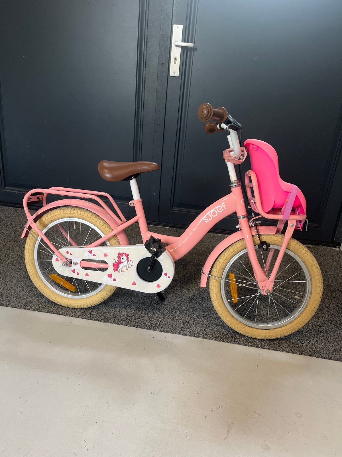 Sjoef kinderfiets 14 inch roze met poppenzitje, Ophalen, Gebruikt, Velgrem, Minder dan 16 inch