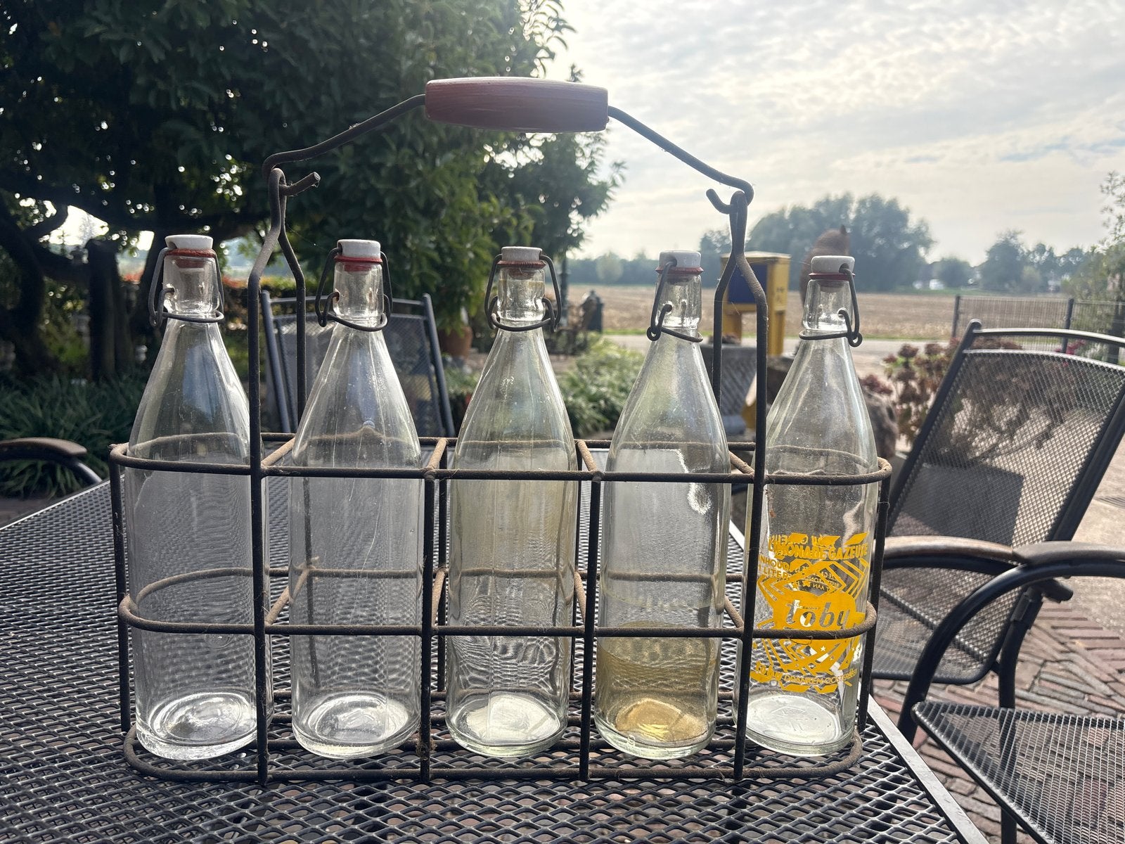 Vintage flessenrek met 5 beugelflessen, Ophalen