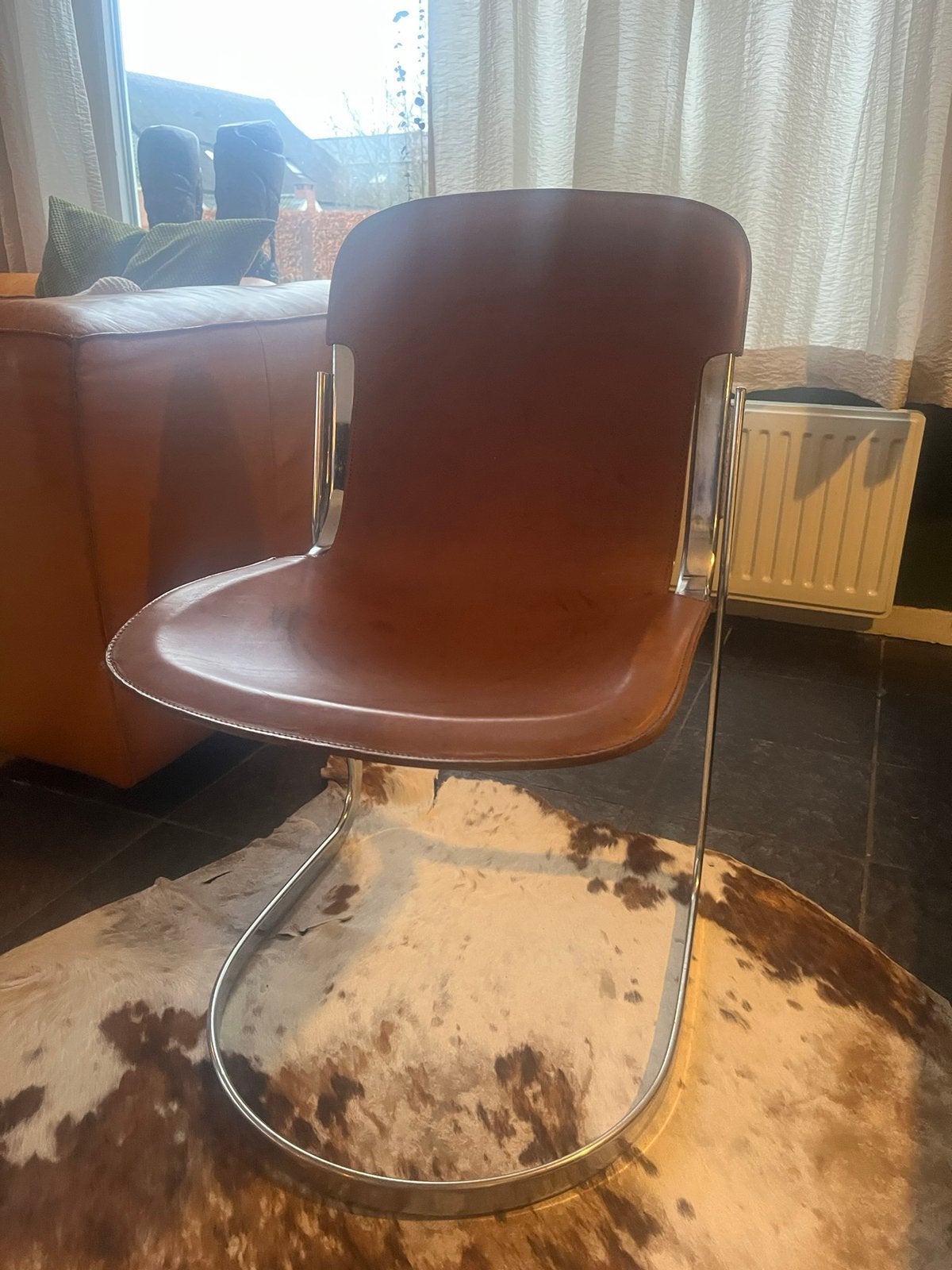 Vintage Willy Rizzo C2 Cidue stoel met cognac tuigleer, Ophalen, Gebruikt, Bruin, Vintage retro Willy Rizzo