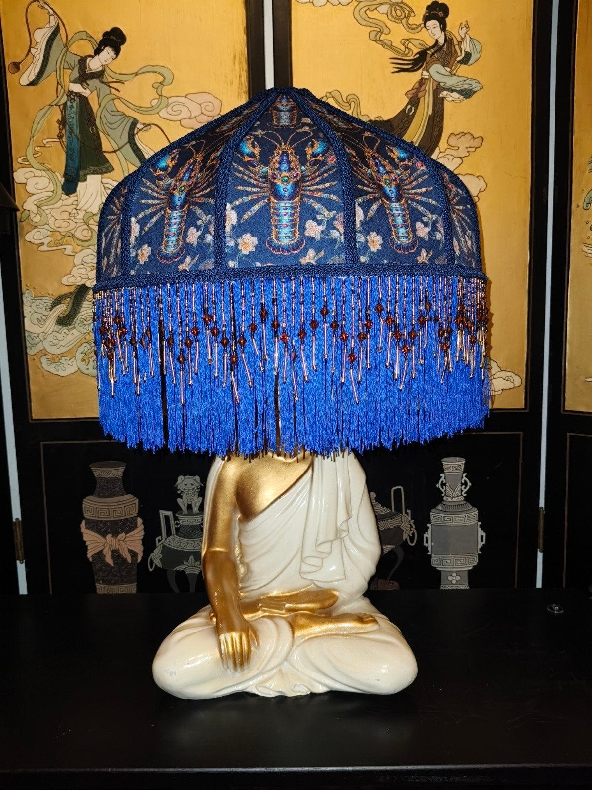 Handgemaakte Lampenkap met Kralen en Franjes, Huis en Inrichting, Lampen | Lampenkappen, Tafellamp, Blauw, Rond, Nieuw