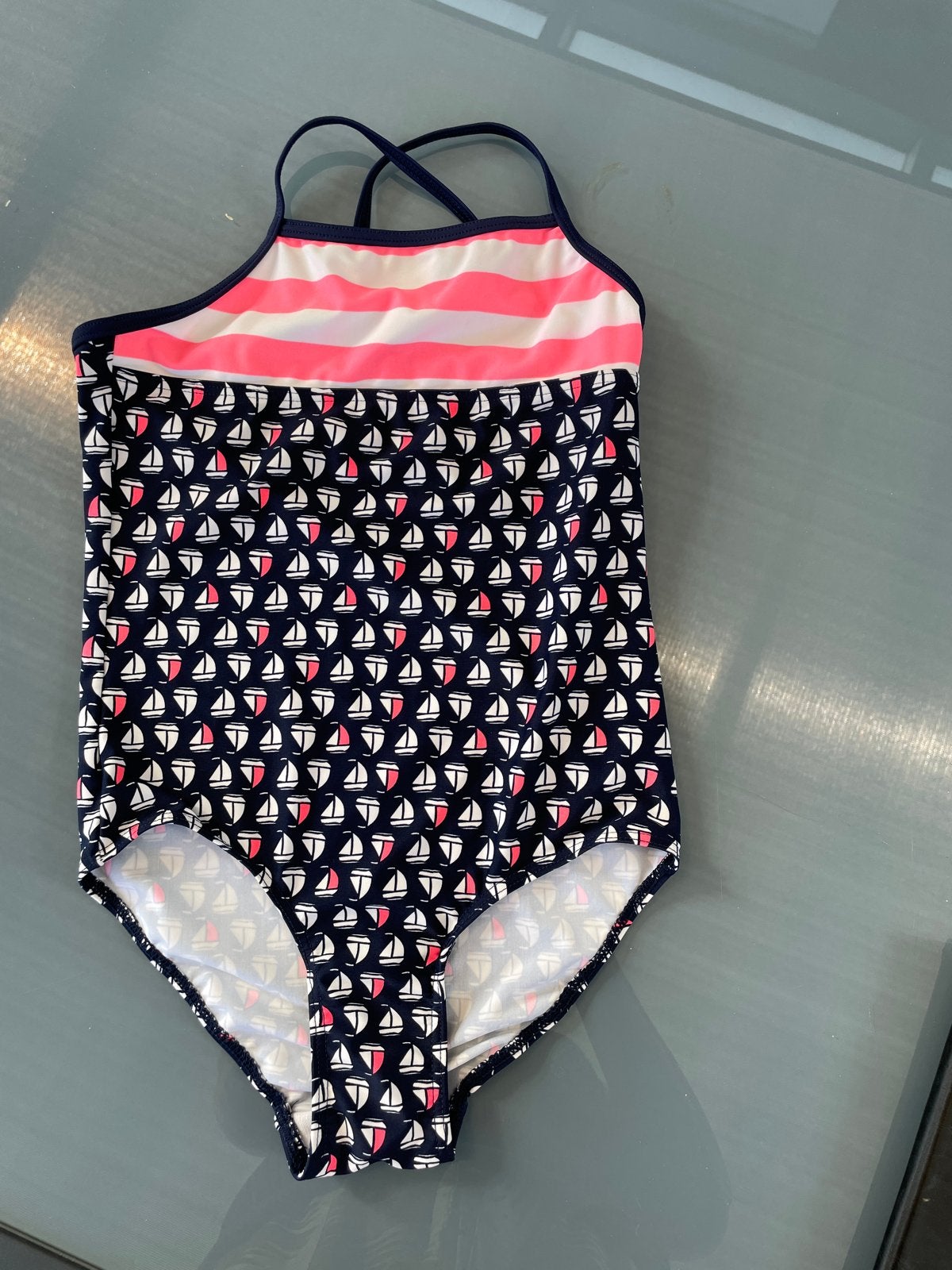 Leuk badpak met bootjesprint en roze strepen, Gebruikt, Meisje, Badpak, Ophalen of Verzenden