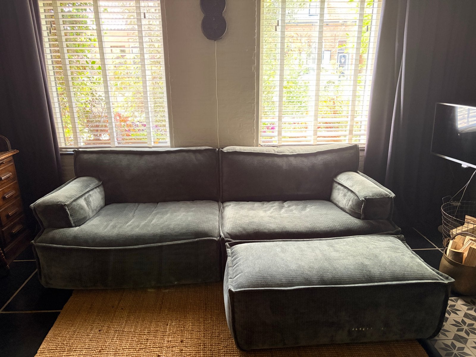 Zitmaxx Candy elementenbank met hocker - blauwgrijs velvet, Huis en Inrichting, Ophalen, 250 tot 300 cm, Gebruikt, 100 tot 125 cm