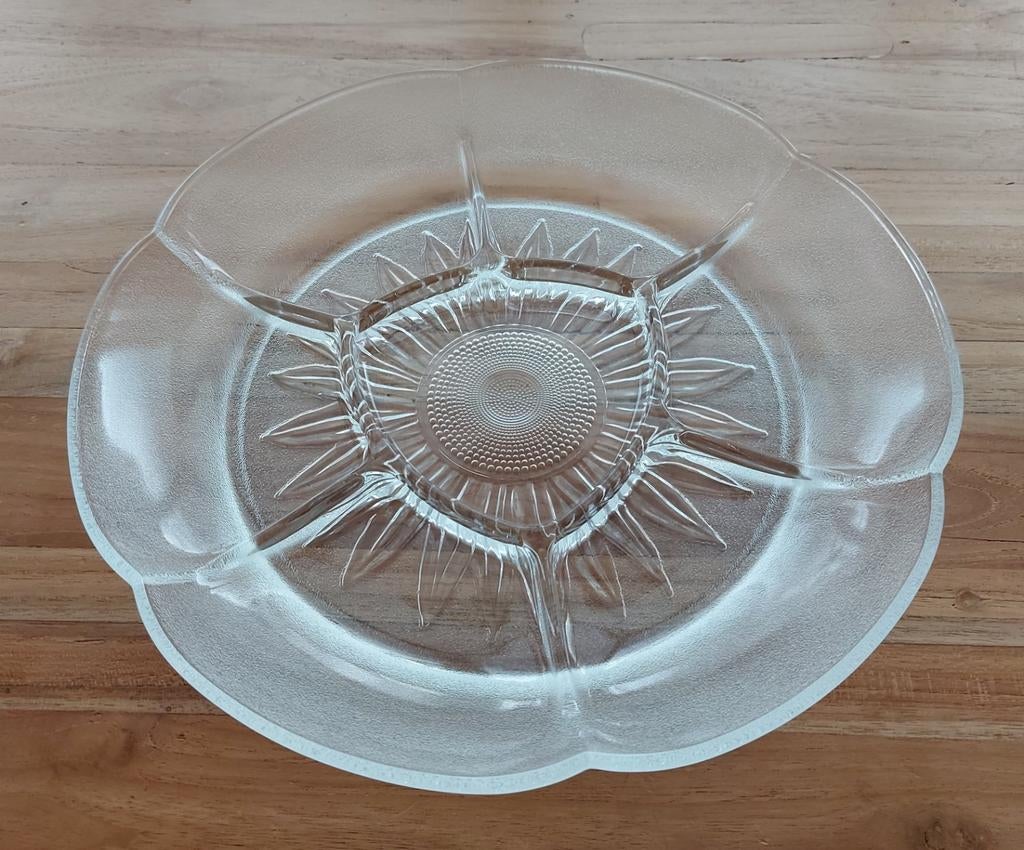 vintage mooi glazen verdeelbord voor hapjes van glas ø30cm, Antiek en Kunst, Ophalen of Verzenden