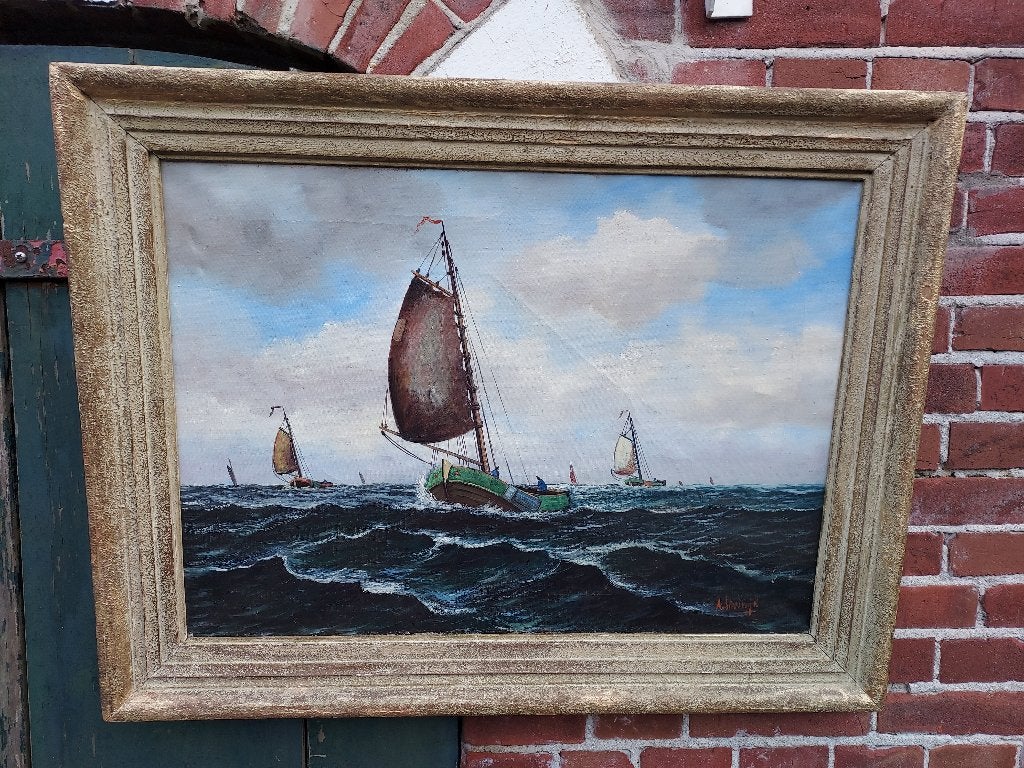 Schilderij botters op zee, A. Sleeswijk., Antiek en Kunst, Ophalen, Maritiem / water, Nederlandse school, Doek