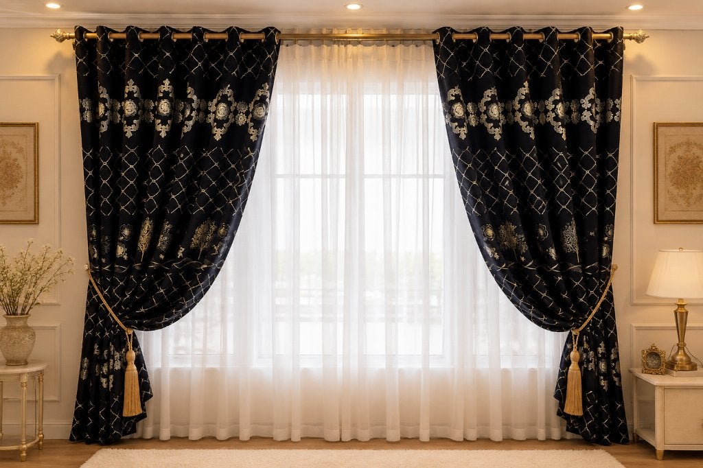 Luxe gordijnen zwart en zilver, 200 cm of meer, Zwart, 150 tot 200 cm, Ophalen of Verzenden