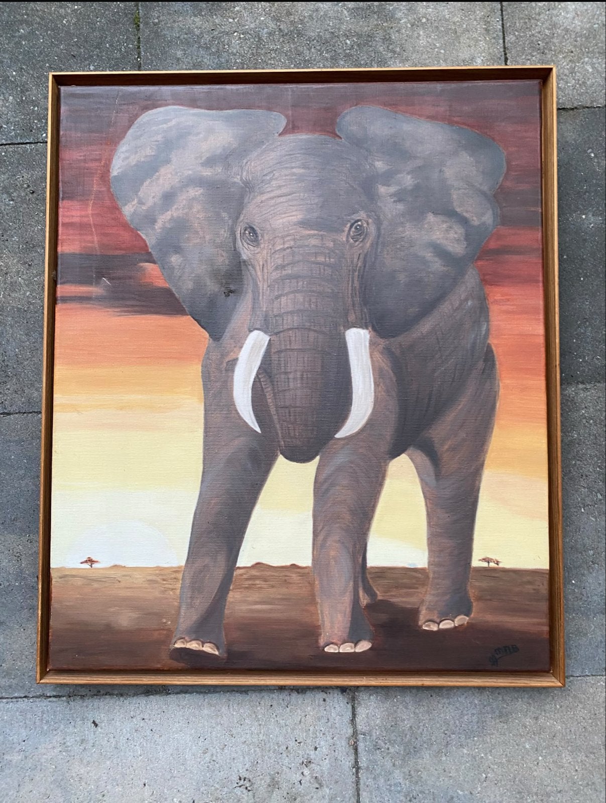 Schilderij olieverf olifant zonsondergang ingelijst, Ophalen of Verzenden, Dieren, Overige materialen, Gesigneerd