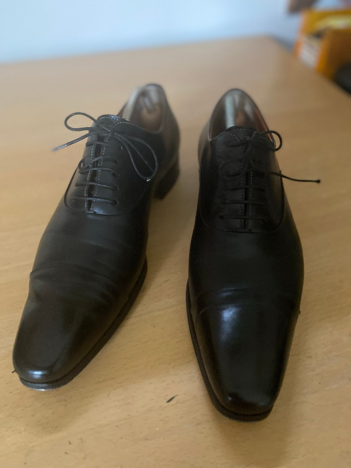 Santoni handgemaakte zwarte Italiaanse schoenen, maat 41,5/4, Ophalen of Verzenden, Zo goed als nieuw, Zwart, Veterschoenen