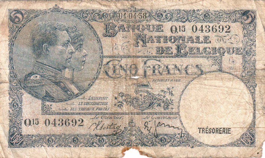 België 5 francs 1938, Postzegels en Munten, Verzenden, Los biljet