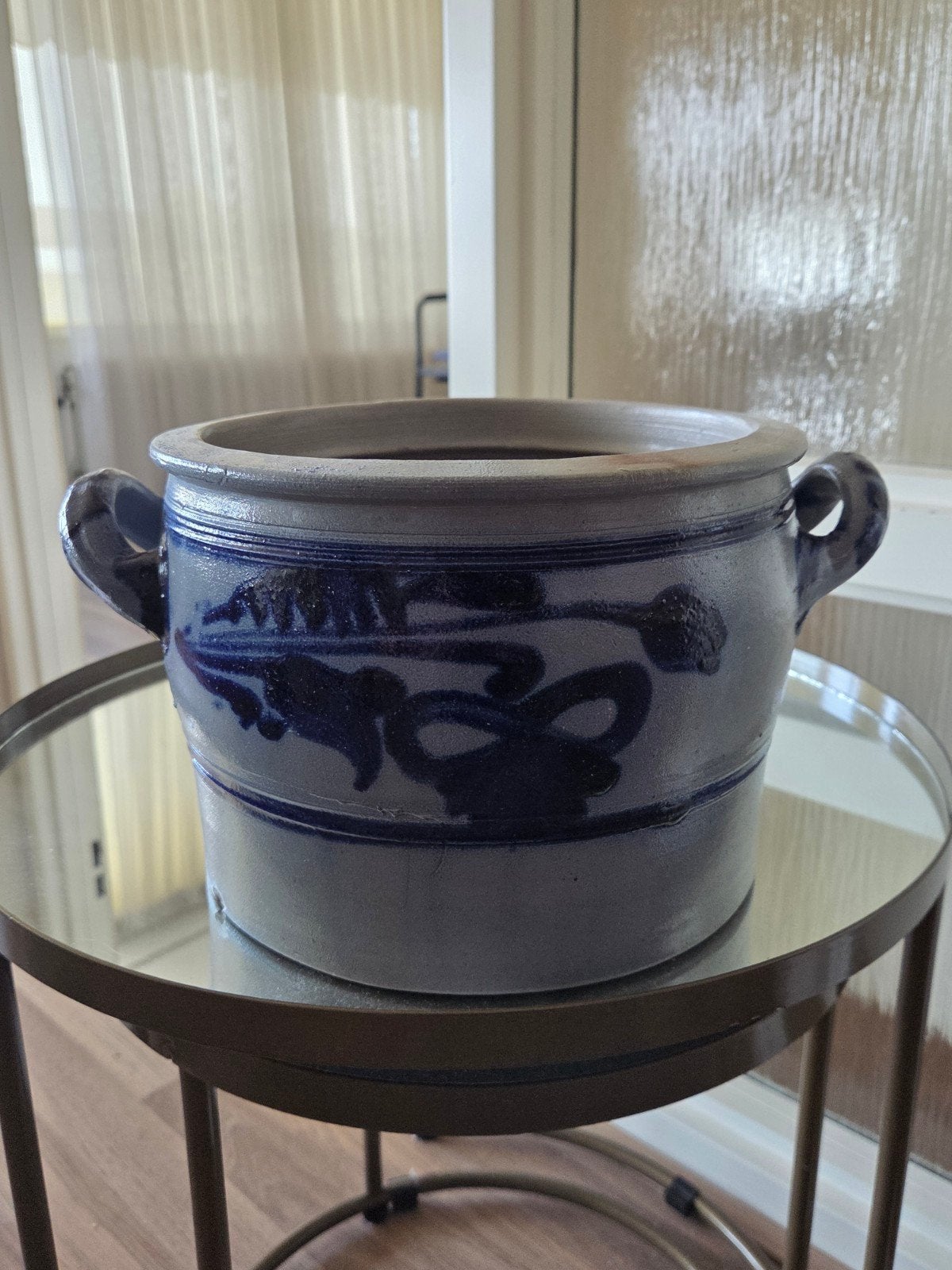Vintage aardewerk pot met blauw decor, Ophalen