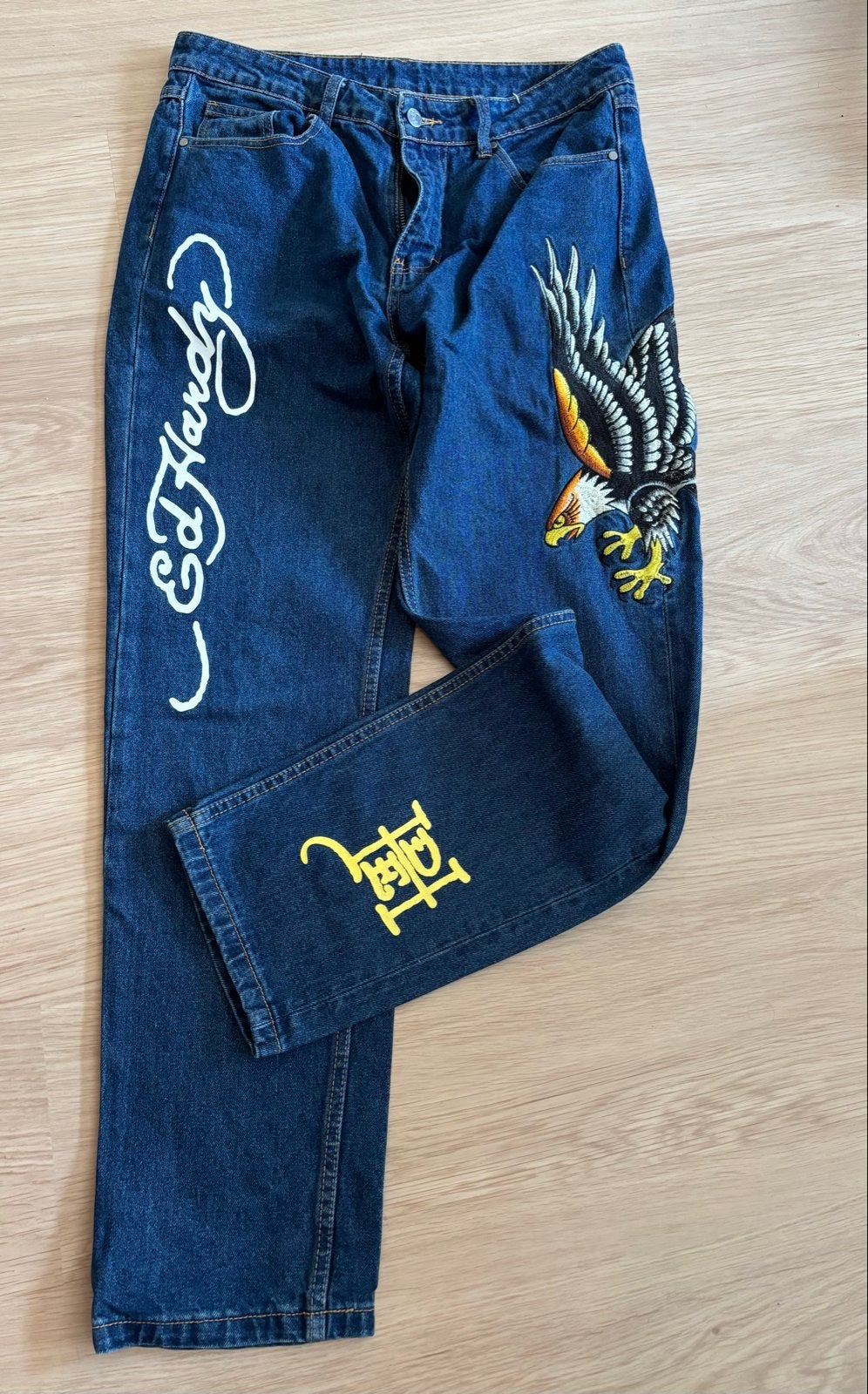Ed Hardy Jeans met Adelaar en Los Angeles borduursel, Ophalen of Verzenden, Zo goed als nieuw, Blauw