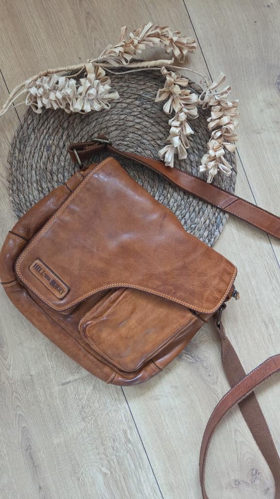 Leren HilBurry Schoudertas Cognac/Bruin - Nieuw!, Overige merken, Bruin, Ophalen of Verzenden, Zo goed als nieuw