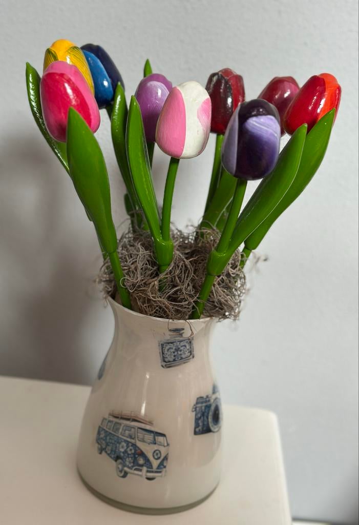 Delfts Blauw Tulpen Boeket - Echt Hollands Decoratie, Hout, Gebruikt, Meerkleurig, Ophalen of Verzenden
