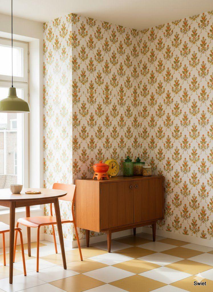 6687 retro bloemenbehang oranje en olijfgroen swiet , Verzenden, Oranje