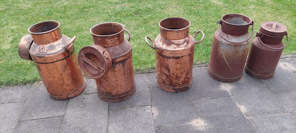 Melk bussen koper en staal tuin decoratie melkbus, Ophalen, Gebruikt, Rond, Metaal