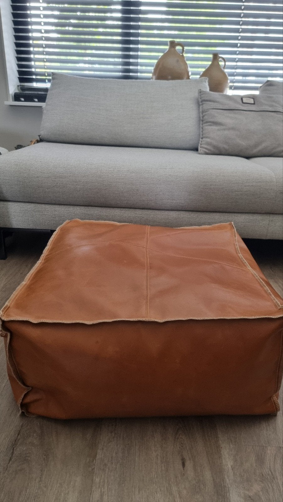 Leren poef - Cognac bruin, Ophalen, Gebruikt, Modern, Industrieel, Bohemian, Leer
