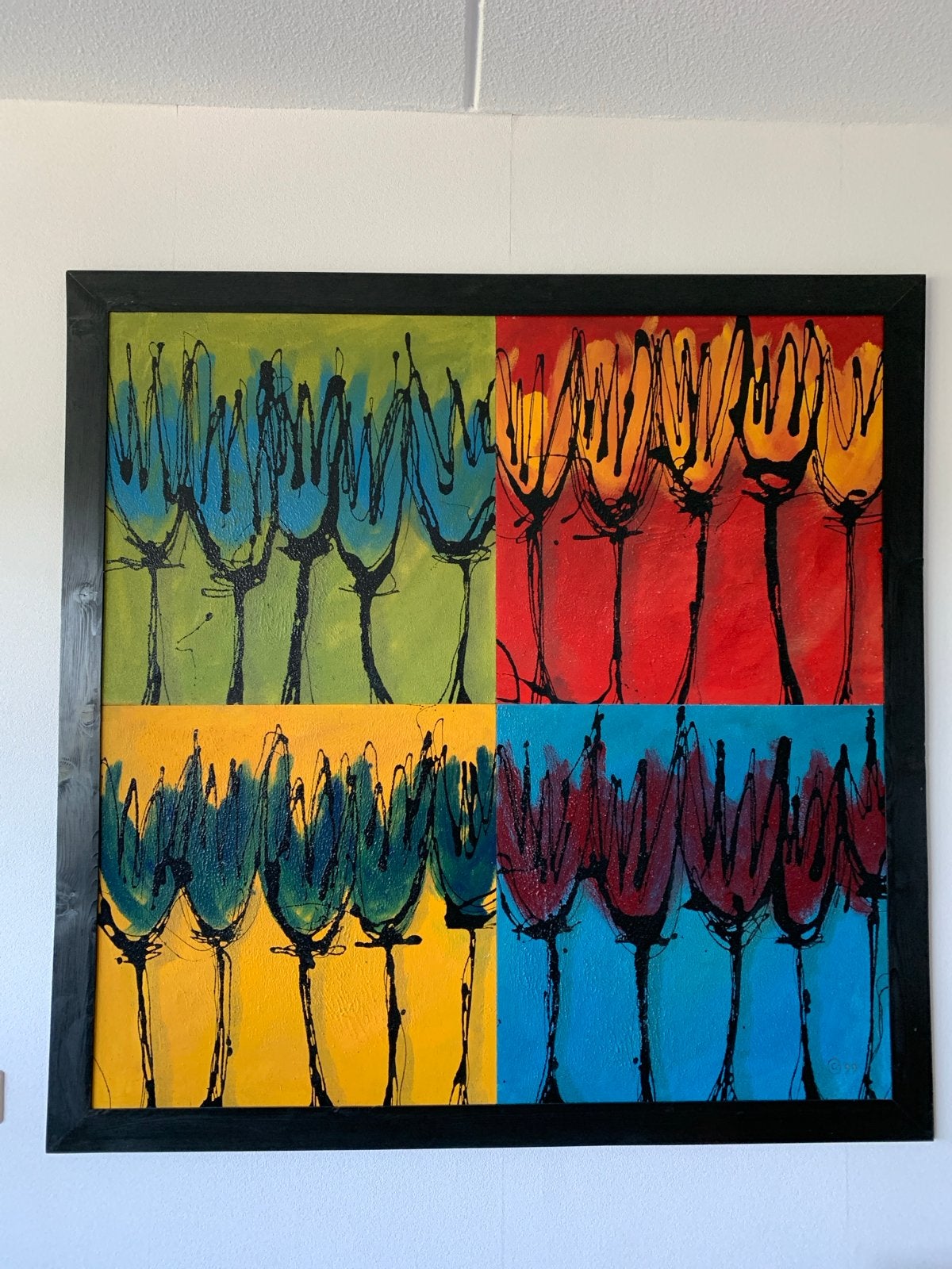 Modern Schilderij Bloemen Pop Art Stijl, Antiek en Kunst, Kunst | Schilderijen | Modern, Ophalen, Hout, Ingelijst, Olieverf