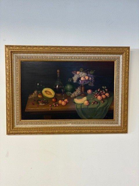 Stilleven met fruit en wijn, Antiek en Kunst, Kunst | Schilderijen | Klassiek, Ophalen, Doek, Oud hollands, Bijzondere lijst