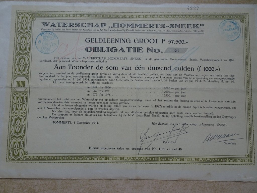 Obligatie 1000 gulden Waterschap "Hommerts-Sneek" 1934, Ophalen of Verzenden, Voor 1920, Aandeel