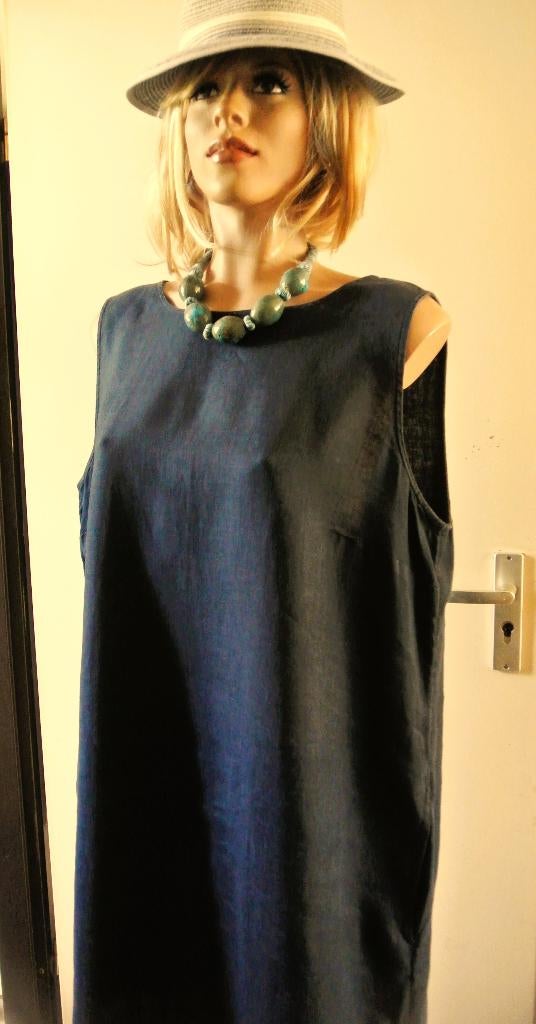 Tuniekjurk linnen/katoen a lijn mouwloos jurk blauw L/XL, Ophalen of Verzenden, Gedragen, Blauw, Blouse of Tuniek
