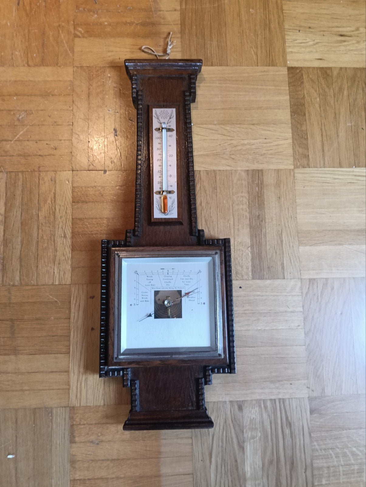 Antieke Barometer en Thermometer - Houten Weerstation, Audio, Tv en Foto, Weerstations en Barometers, Ophalen of Verzenden, Gebruikt
