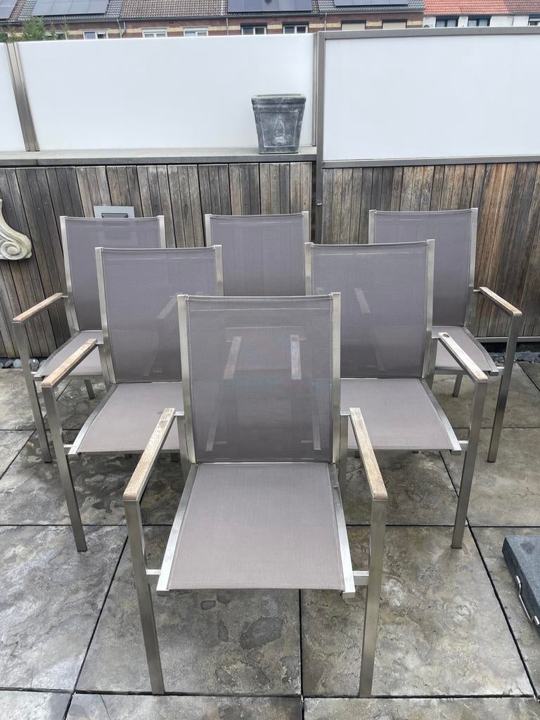Roestvrije Stalen Buitenstoelen - Set van 6, Tuin en Terras, Tuinstoelen, Gebruikt, Rvs, Ophalen